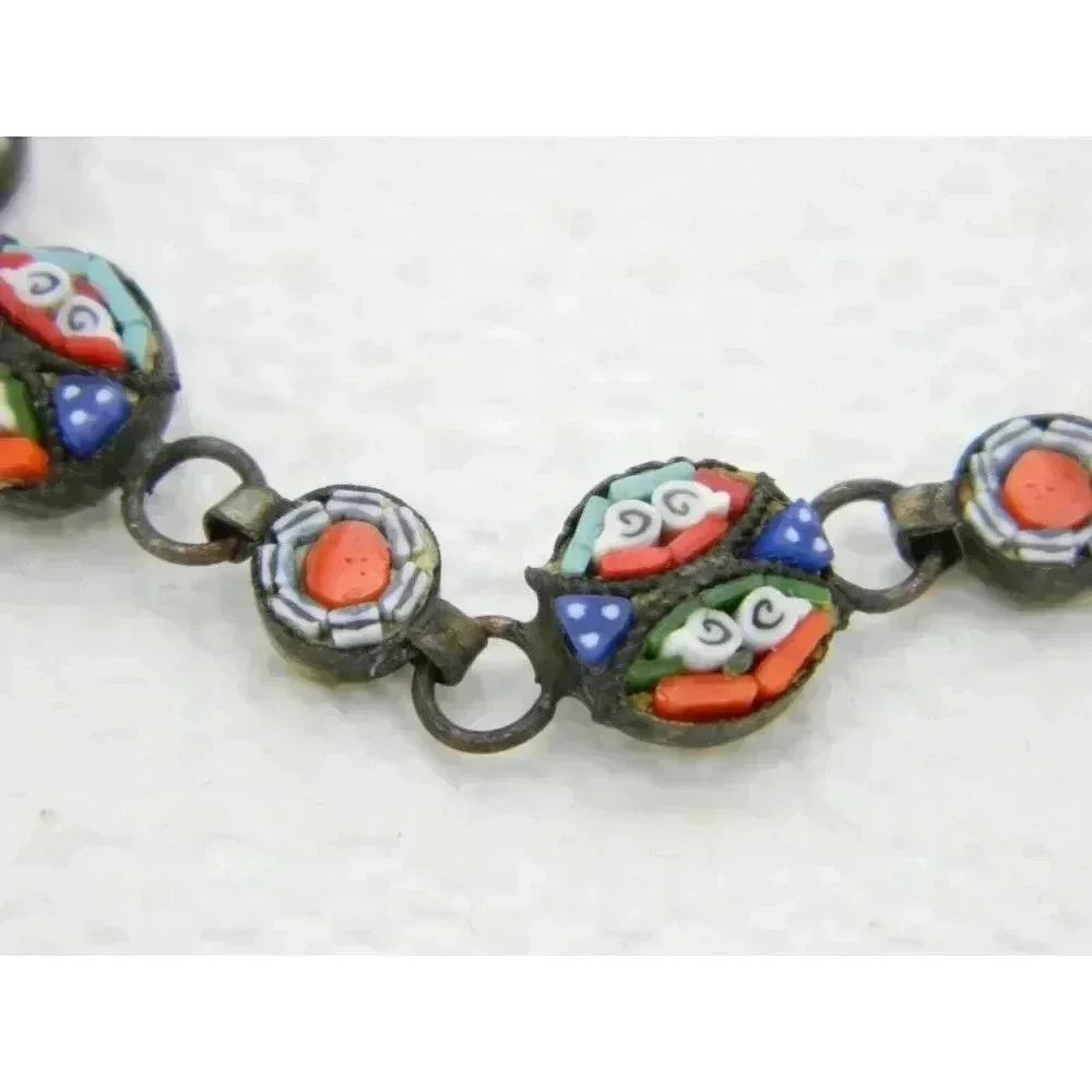 Vintage Italy Silver Toned Filigree Micro Mosaic Floral Glass Bracelet - 7.25